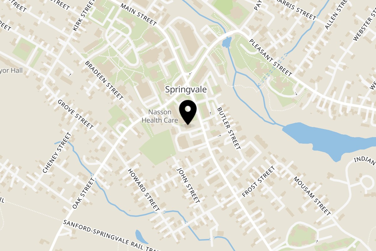 Map showing the location of Fat Kid Woodfired Pizza on 489 Main St Suite 400 in Springvale